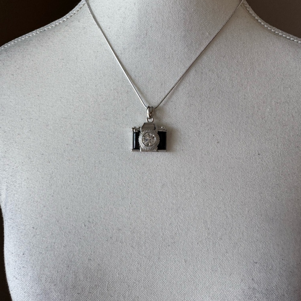 Vintage Camera Necklace in Black Enamel with Silver Chain and Center Rhinestone